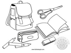 Disegno del materiale scolastico da colorare con zaino, libri, astuccio e matite per bambini della scuola primaria.