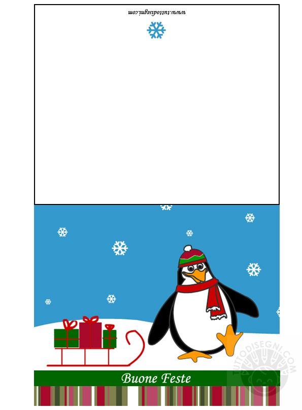 Biglietto con pinguino per Natale per augurare buone Feste a colori da stampare