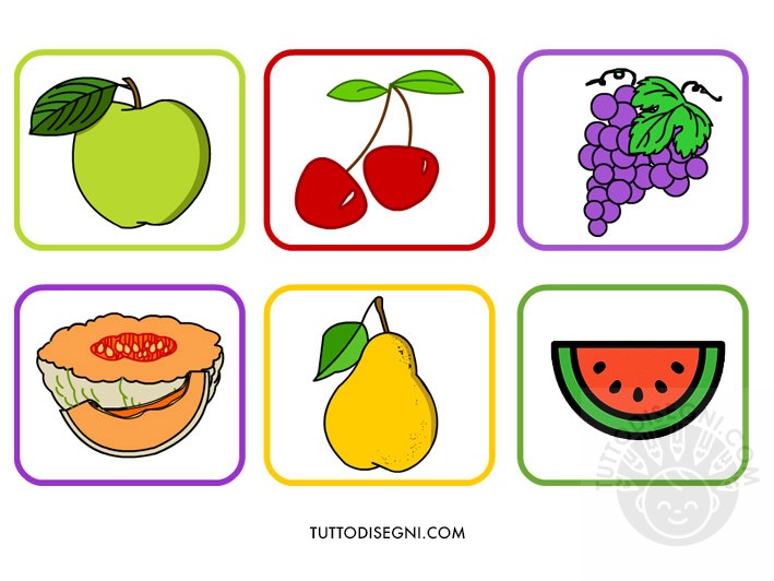 Contrassegni con frutta colorata: mela, ciliegie, uva, melone, pera e anguria.