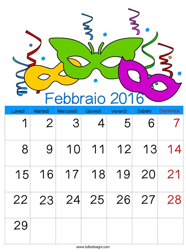 calendario 2016 febbraio