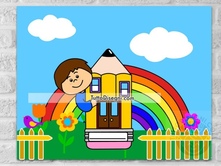 Bambino a scuola con arcobaleno