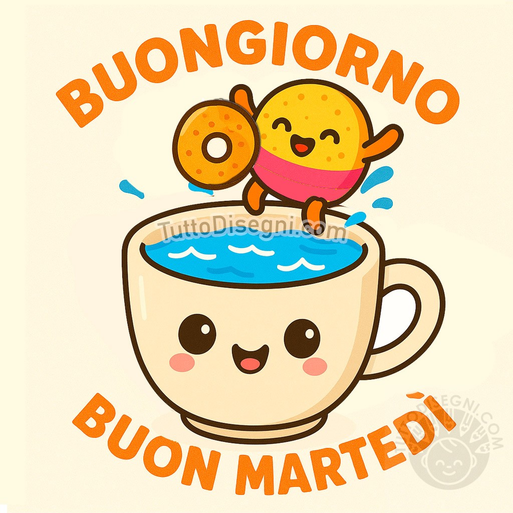 Buongiorno Buon Martedì con tazzina sorridente e biscotti animati, tema estate


