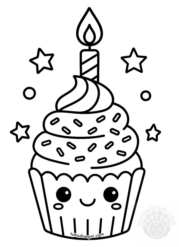 Disegno da colorare cupcake di compleanno in bianco e nero, con faccina sorridente, glassa con codette, candela accesa e stelline intorno, in stile cartoon kawaii.