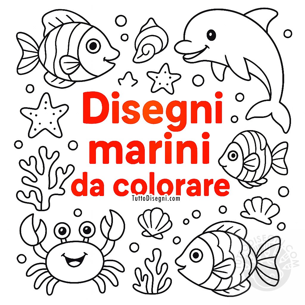Disegni marini da colorare con pesci, delfino, granchio e conchiglie in stile cartoon per bambini 
