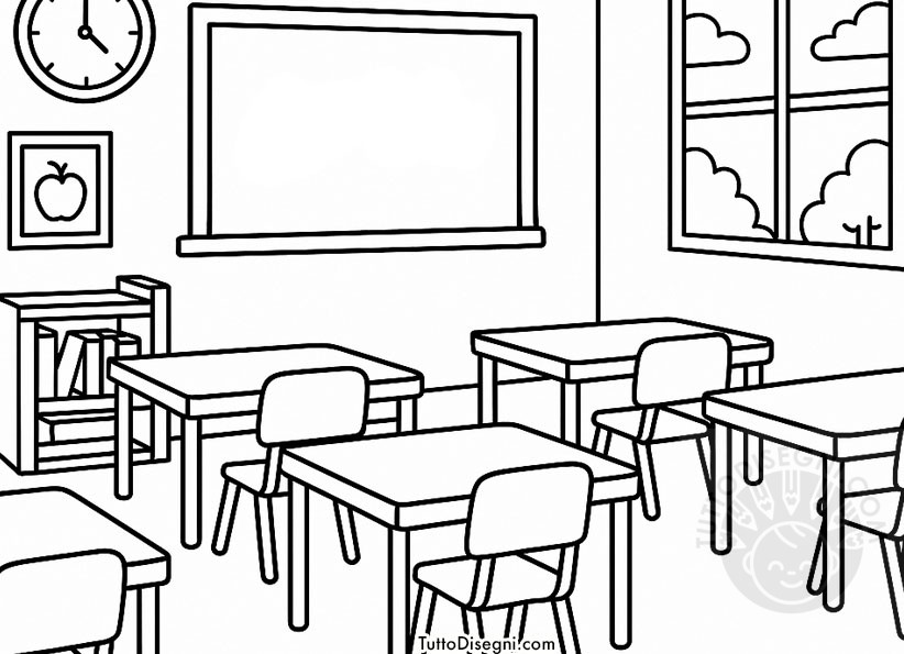 Aula con banchi da colorare in stile cartoon, con lavagna e dettagli scolastici per attività di ritorno a scuola.