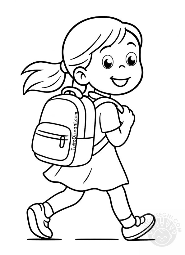 Disegno da colorare di bambina scuola primaria che va a scuola con zaino.

