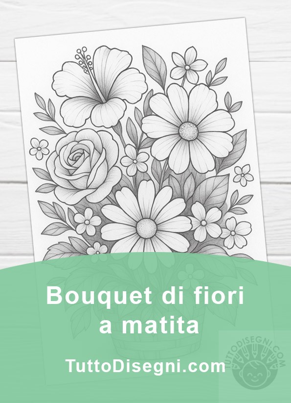 Bouquet di fiori a matita da colorare con margherite, rosa e ibisco in un cestino intrecciato.