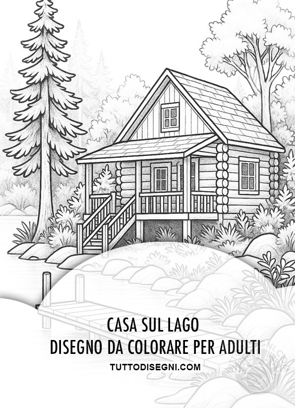 Anti stress disegni da colorare per adulti - Disegno a matita in bianco e nero di una casa sul lago con pontile e alberi, da colorare per adulti.
