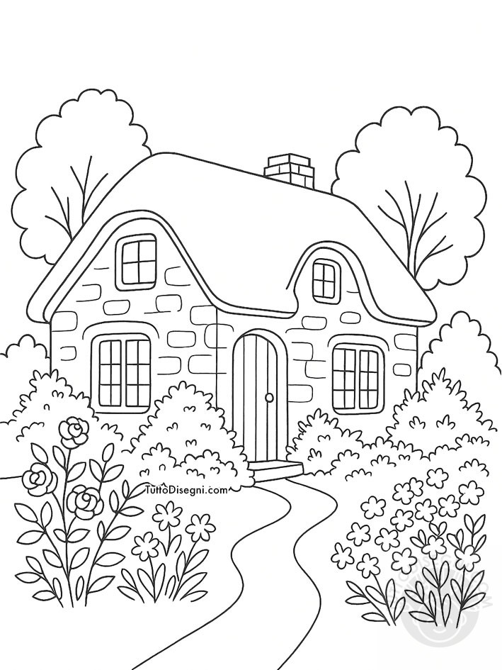 Disegno casa da colorare con giardino fiorito da colorare.