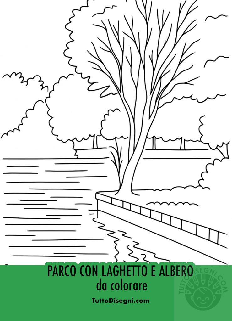 Scena da colorare con parco, laghetto e albero, adatta a bambini e adulti per attività rilassanti e creative.