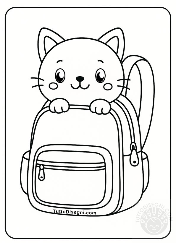 Disegno zaino con gatto da colorare per bambini.