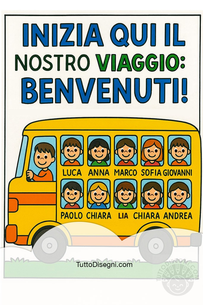 Cartello accoglienza prima elementare con la scritta Inizia qui il nostro viaggio e decorazioni allegre per il primo giorno di scuola.