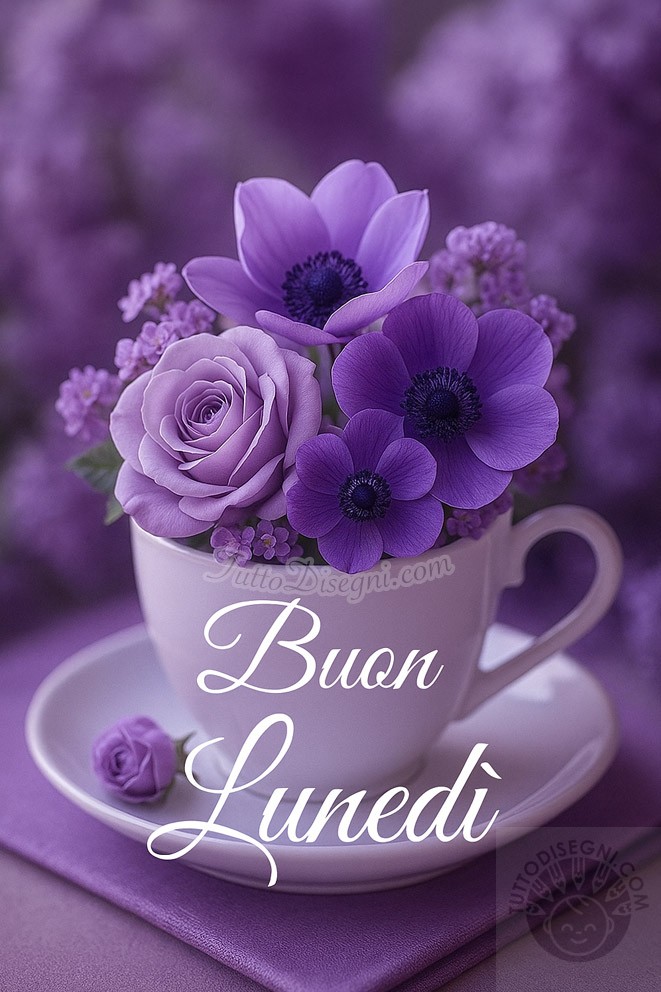 Immagine Buon Lunedì con fiori viola eleganti in tazzina