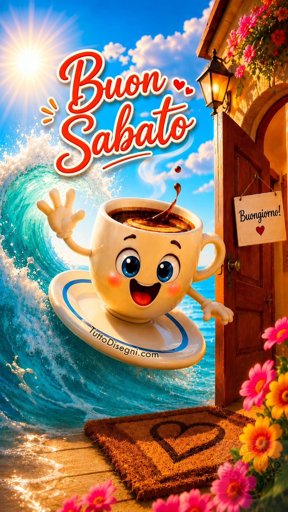 buon sabato divertente con tazzina di caffè al mare