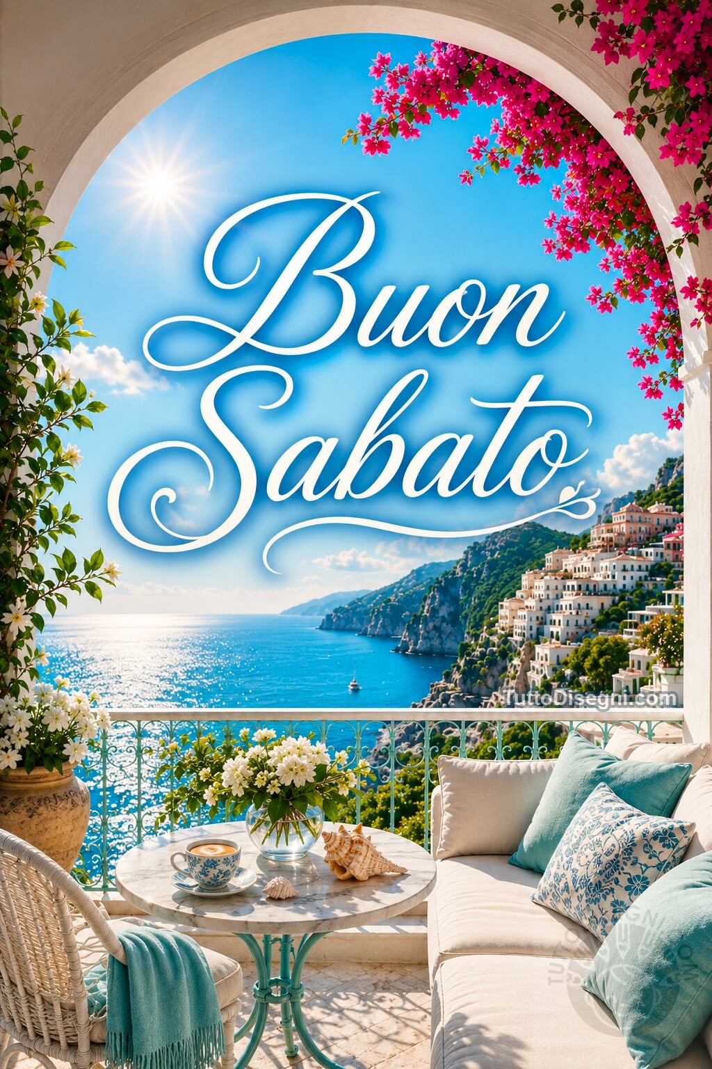 Immagini di Buon Sabato 13 Buon Sabato estivo, terrazza sul mare con bouganville e caffè