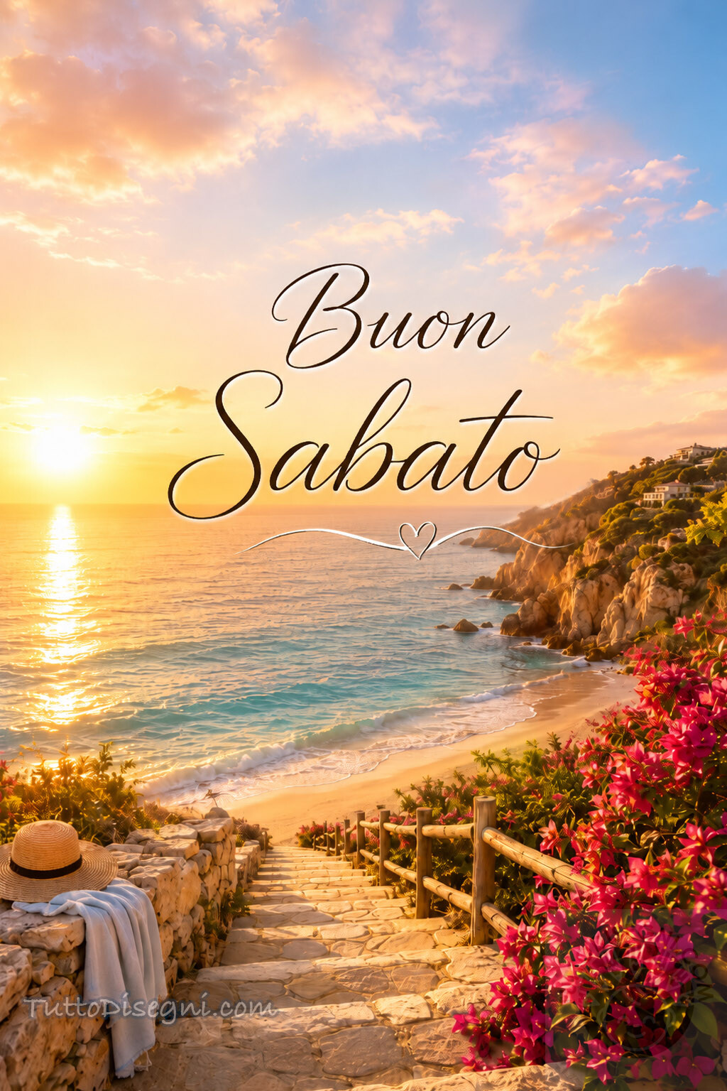 Immagini di Buon Sabato 14 Buongiorno e Buon Sabato, alba sul mare con spiaggia e fiori