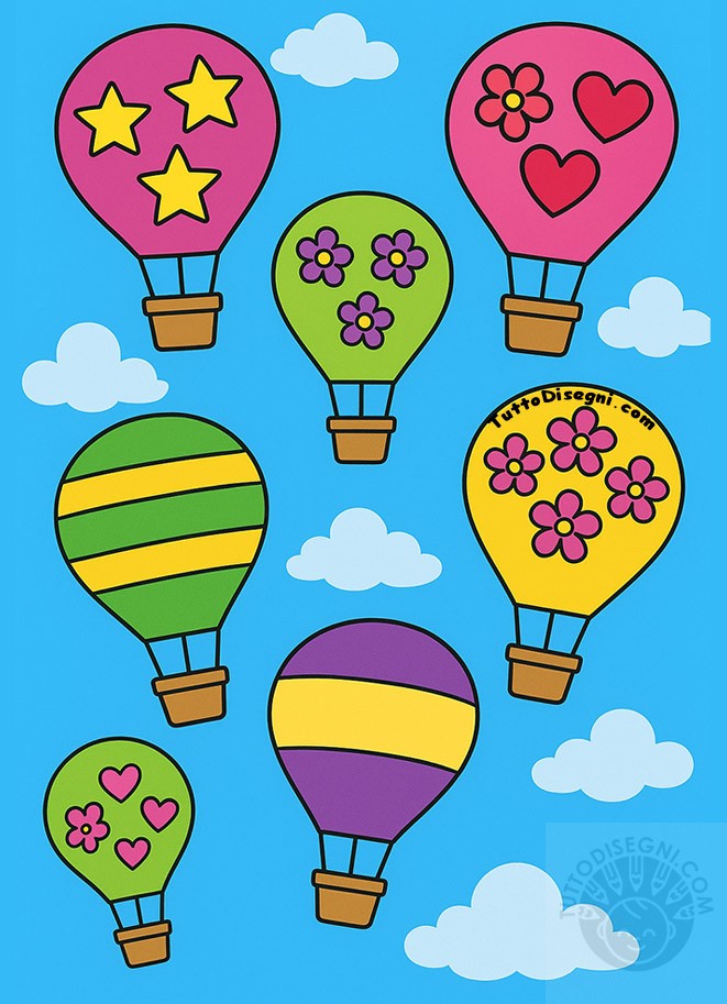Cartellone delle mongolfiere con cielo azzurro, nuvole bianche e palloni colorati decorati con cuori, stelle e fiori. 