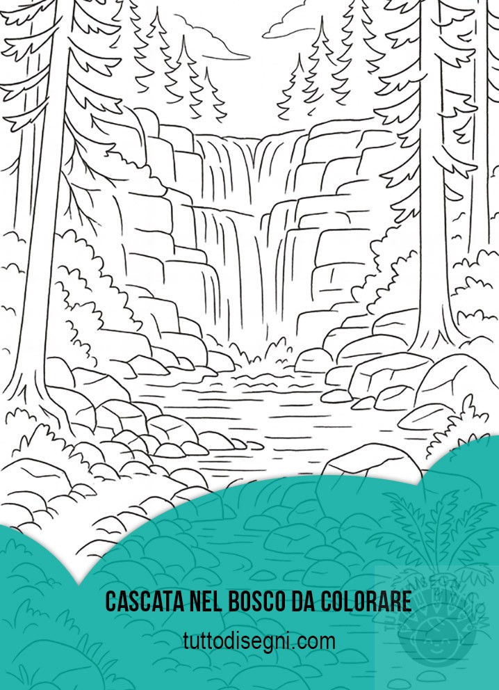 Cascata nel bosco da colorare con alberi, rocce e torrente.