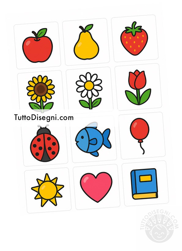 Contrassegni da stampare colorati con frutti, fiori, animali e oggetti.