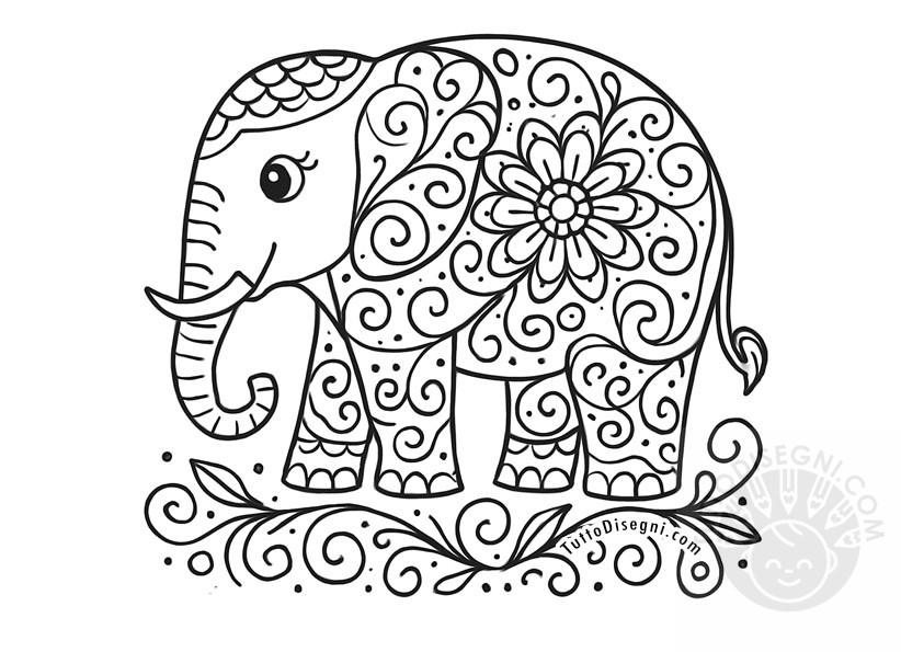 Elefante zentangle con motivi floreali intricati e dettagliati.