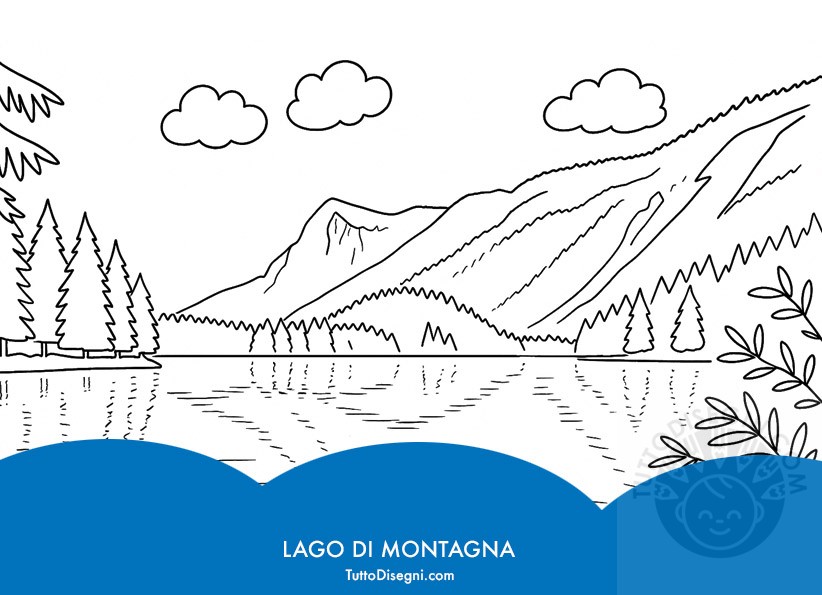 Lago di montagna da colorare con alberi e montagne