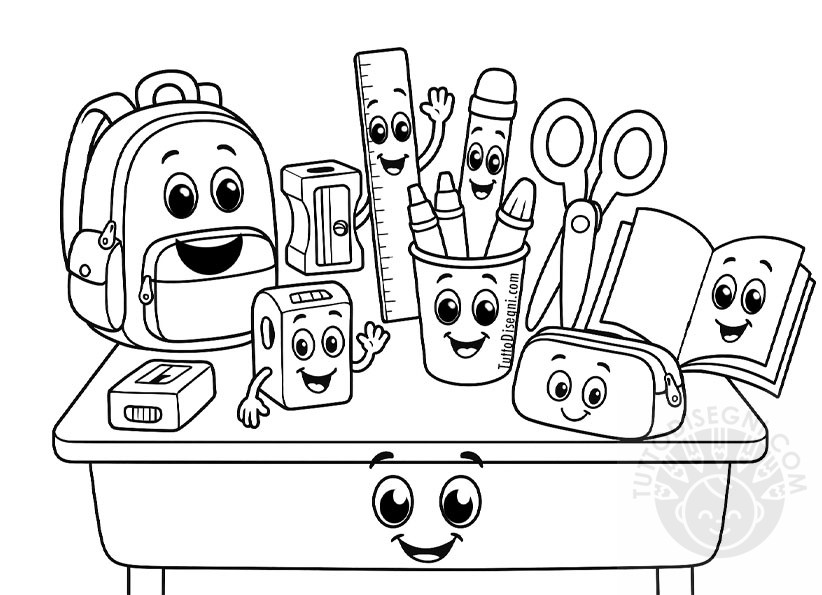 Materiale didattico da colorare con oggetti scolastici sorridenti e simpatici. 