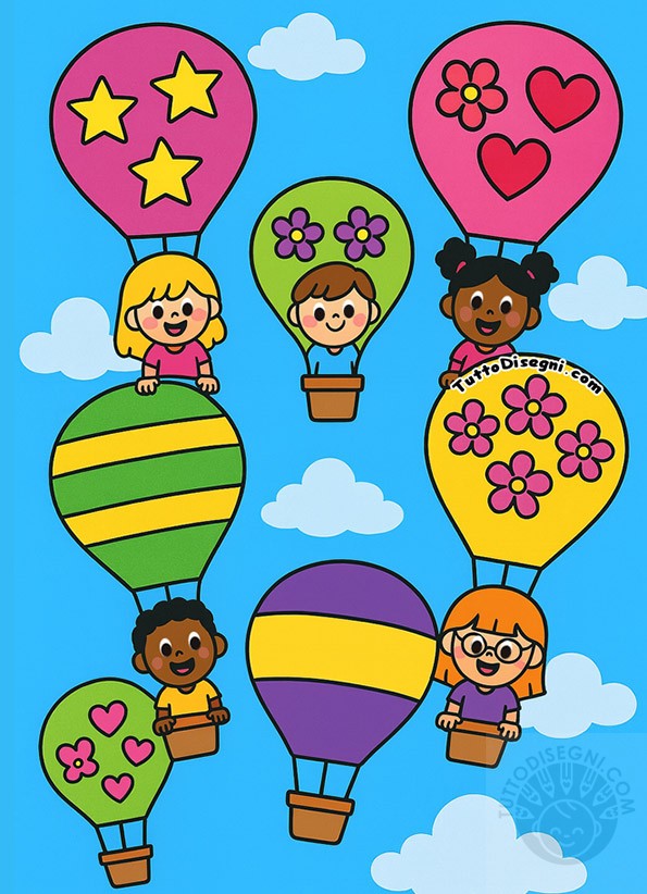 Cartellone scuola infanzia per addobbi aula : mongolfiere con bambini