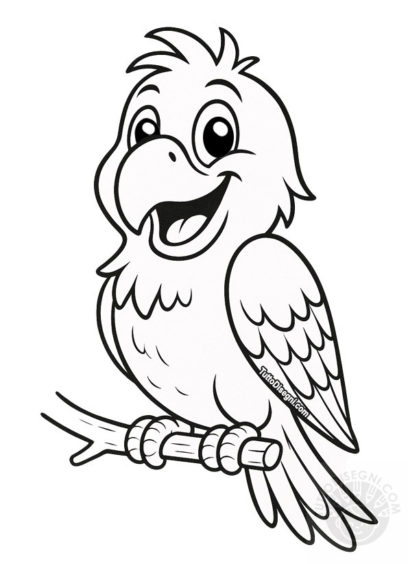 Disegno pappagallo sorridente da colorare per bambini.