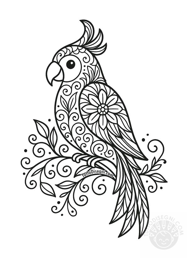 Disegno da colorare pappagallo tropicale in stile Zentangle