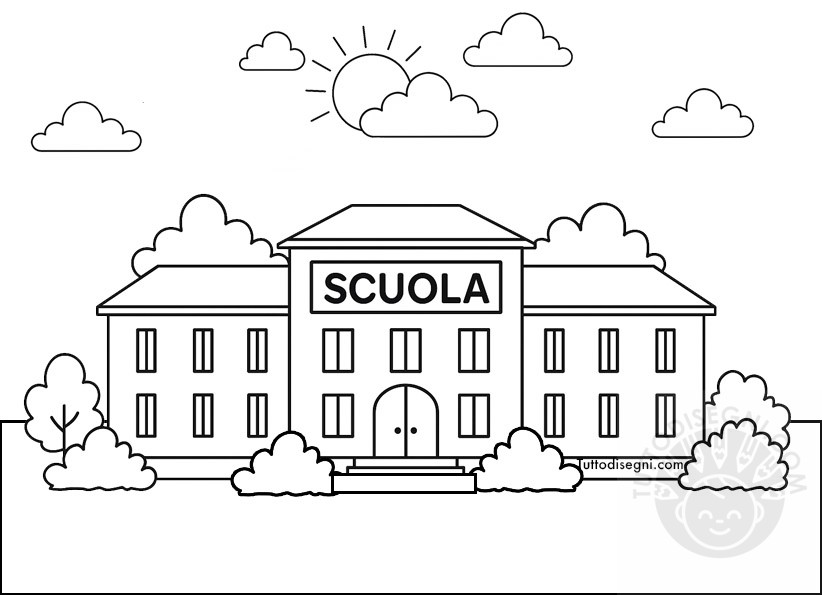 Scuola edificio disegno in bianco e nero da colorare con cespugli e dettagli semplici