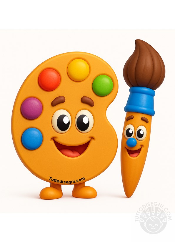 Tavolozza e pennello 3D colorati in stile cartoon per addobbi e decorazioni.