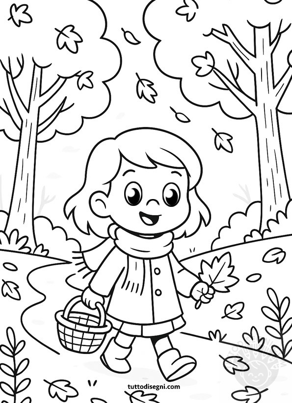 Disegno scena autunnale nel bosco con bambina da colorare.
