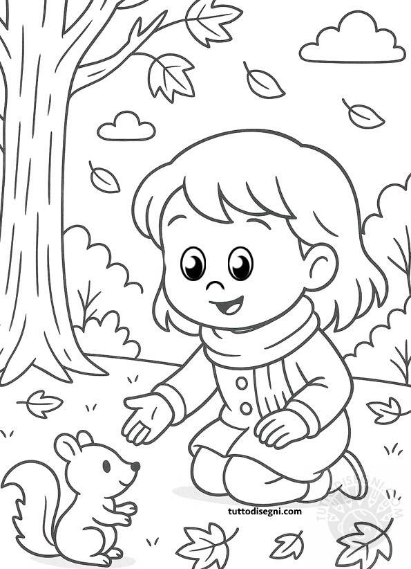 Disegno bambina con scoiattolo da colorare in autunno.