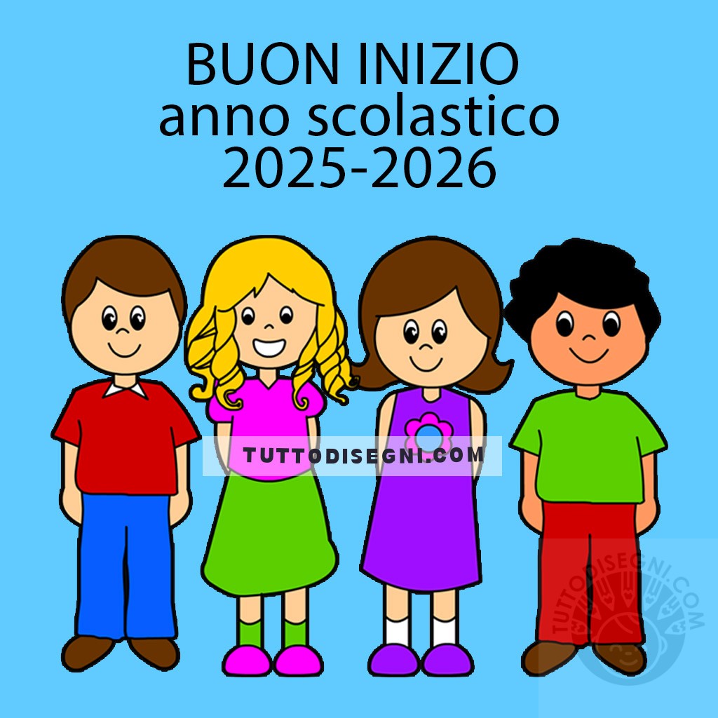 Inizio anno scolastico 2025-2026 con bambini e scritta di auguri colorata