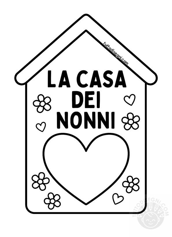 Disegno della casa dei nonni in bianco e nero, con scritta centrale, cuore grande e fiorellini decorativi ai lati.