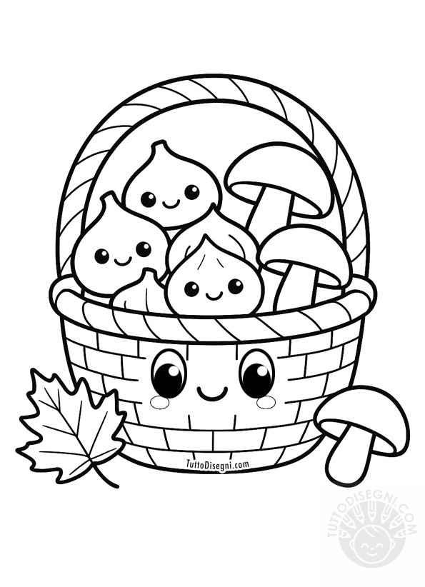 Disegno kawaii cestino con castagne e funghi da colorare