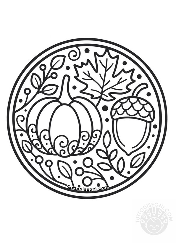 Mandala autunnale con zucca e foglie da colorare