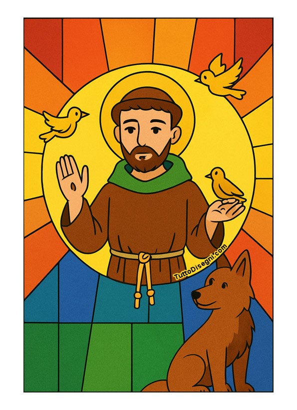 San Francesco immagini a colori con lupo e uccellini in stile vetrata.