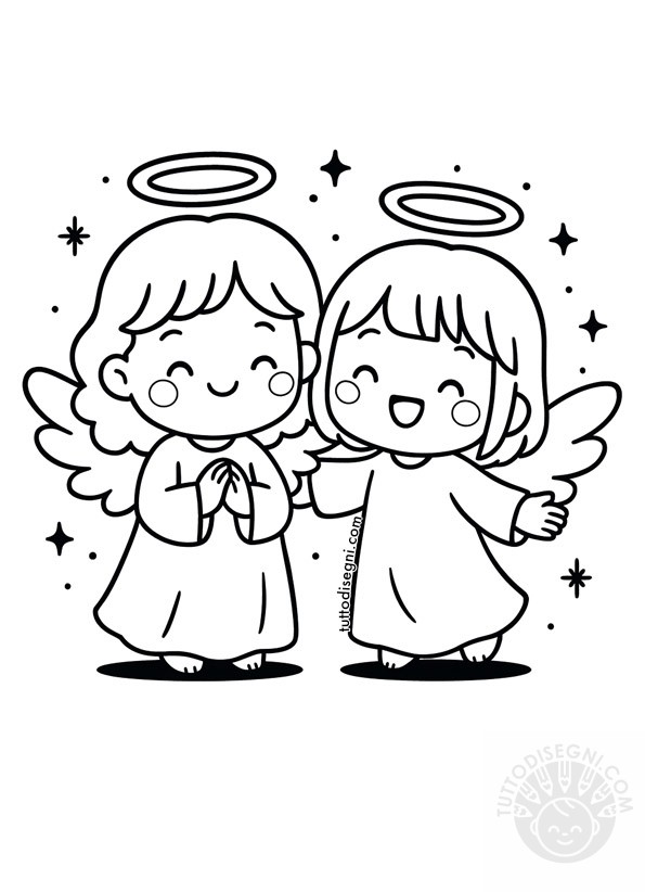 Disegno angeli custodi kawaii da colorare in bianco e nero.