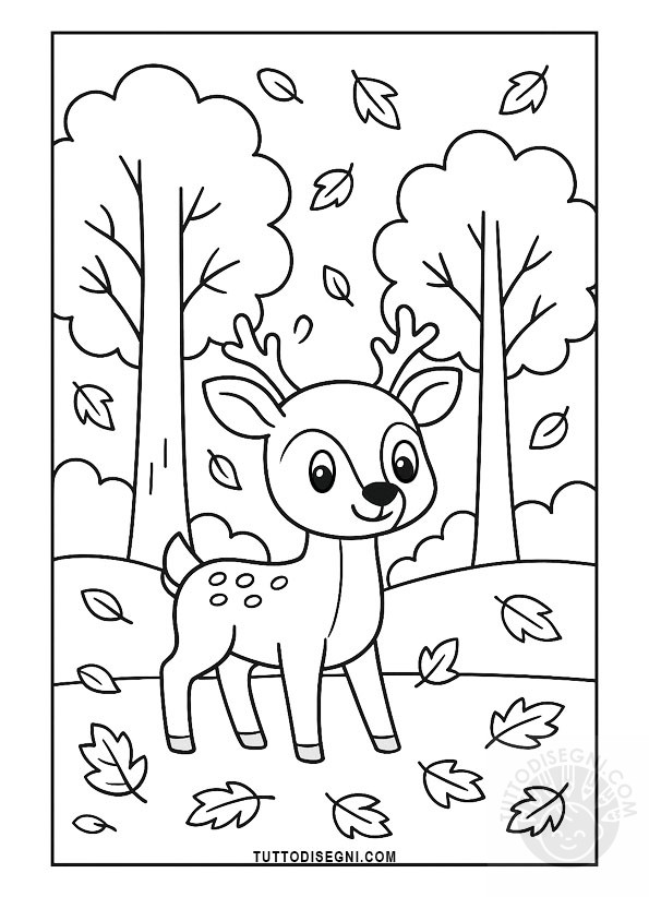 Disegno del cervo nel bosco da colorare con foglie e alberi autunnali.