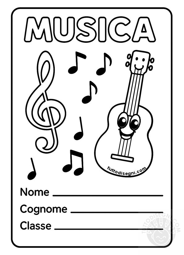 Copertina di musica in bianco e nero con note complete, chitarra sorridente, chiave di violino e spazi per nome, cognome e classe.