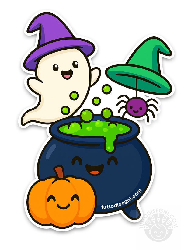 decorazione halloween da ritagliare con fantasma, zucca e pentolone magico