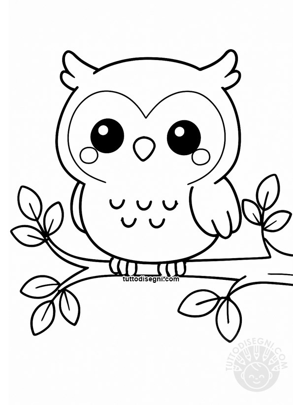 Disegno gufo sul ramo da colorare in stile kawaii