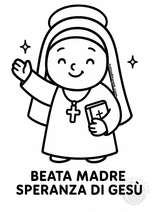 Madre Speranza di Gesù da colorare con abito da suora e croce, disegno in bianco e nero per bambini.