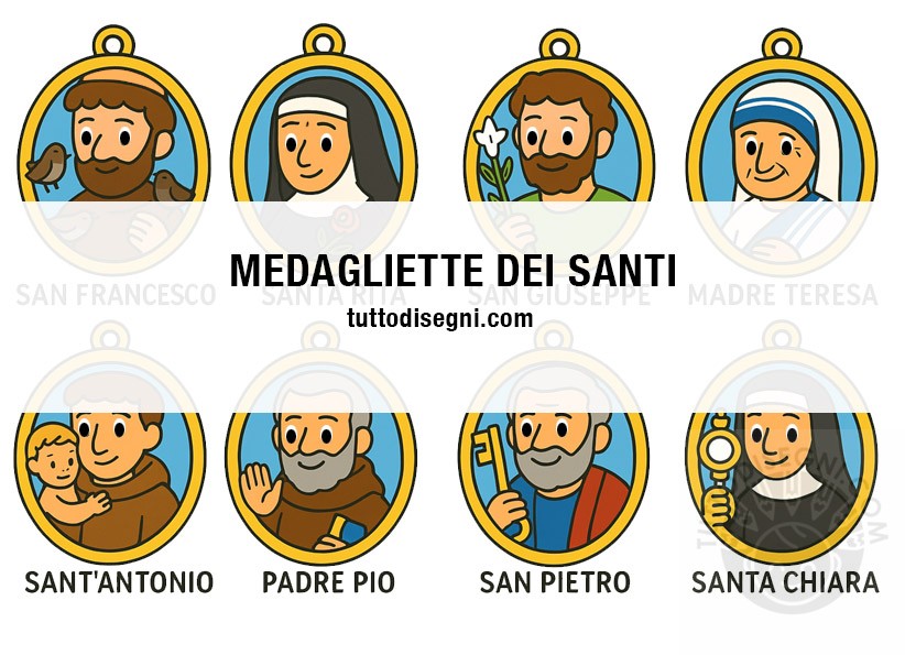 medagliette dei santi a colori in stile con San Francesco, Santa Rita, San Giuseppe, Madre Teresa, Sant’Antonio, Padre Pio, San Pietro e Santa Chiara su sfondo bianco.