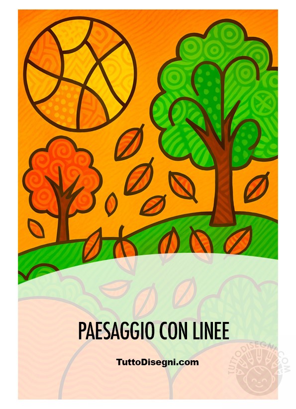 Paesaggio con linee arte con alberi, sole e colline da colorare.