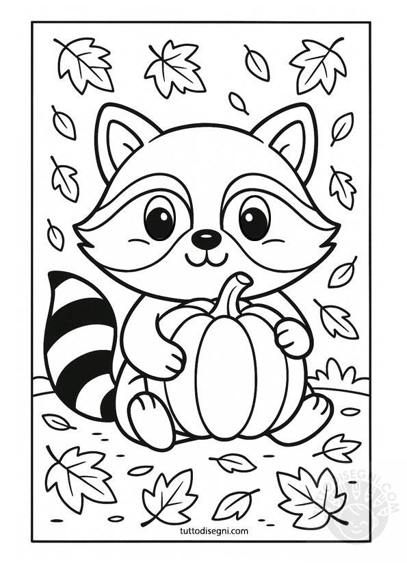 procione con zucca da colorare, disegno autunnale per bambini con foglie e zucca.