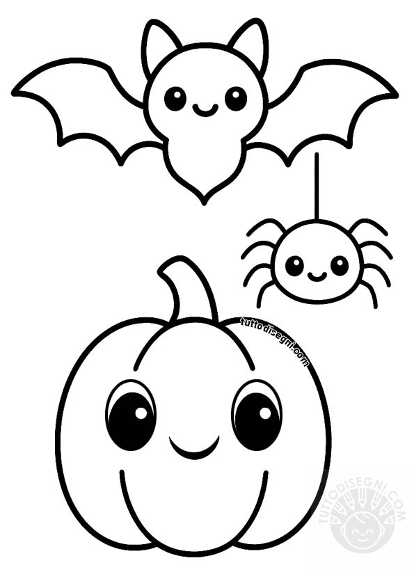 disegno da colorare in bianco e nero in stile kawaii cartoon con zucca pipistrello e ragno sorridenti in una scena divertente di Halloween.