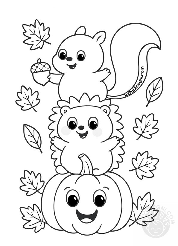 Disegno autunnale da colorare con zucca, riccio e scoiattolo paffuti e teneri impilati in verticale, circondati da foglie che cadono.