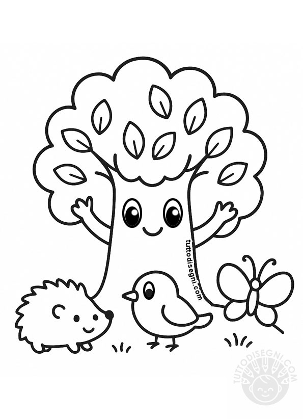 Disegno da colorare Festa dell’Albero con albero sorridente, riccio, uccellino e farfalla.